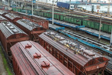Odessa, Ukrayna - 12 Ekim 2016: Şube istasyondaki bir yük treni. Demiryolu taşımacılığı. Yük. Demiryolu Silo tahıl ve Mısır ile. Bir sürü aç güvercinlerin silo tahıl kapaklı