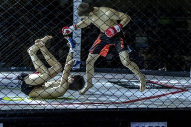 Odessa, Ukrayna - 13 Aralık: Atletizm Mma, karışık dövüş sanatları savaşçı hücrede rekabet neden yumruk atıyor ve başladı. Dramatik an savaş, 13 Aralık 2014 Odessa, Ukrayna