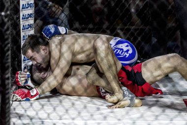 Odessa, Ukrayna - 13 Aralık: Atletizm Mma, karışık dövüş sanatları savaşçı hücrede rekabet neden yumruk atıyor ve başladı. Dramatik an savaş, 13 Aralık 2014 Odessa, Ukrayna