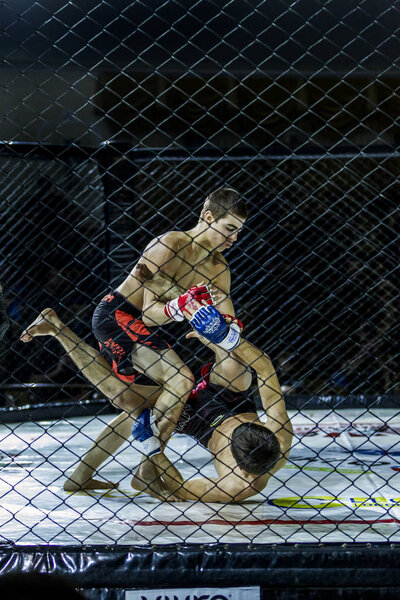 Одесса, Украина - 13 декабря: В клетке соревнуются легкоатлетические бойцы ММА смешанных боевых искусств, нанося удары и удары ногами. Драматический момент битвы, 13 декабря 2014 года в Одессе, Украина
