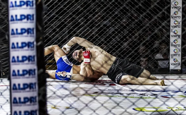 Odessa, Ukrayna - 13 Aralık: Atletizm Mma, karışık dövüş sanatları savaşçı hücrede rekabet neden yumruk atıyor ve başladı. Dramatik an savaş, 13 Aralık 2014 Odessa, Ukrayna