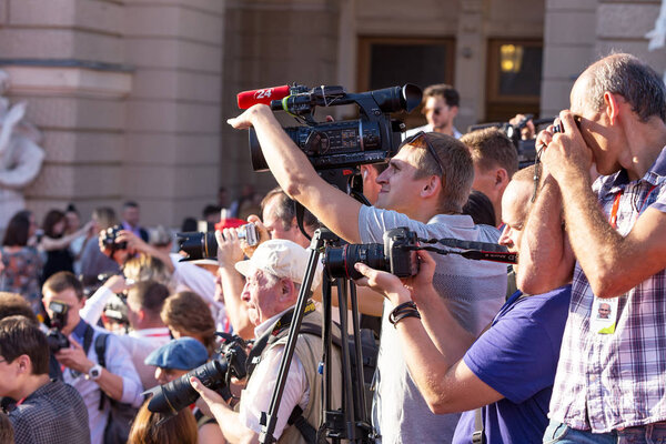 Odessa, Ukraine - July 15, 2016: Red carpet opening of the 6th International Film Festival in Odessa. He worked as a photographer. Many spectators and paparazzi met glamorous guests.