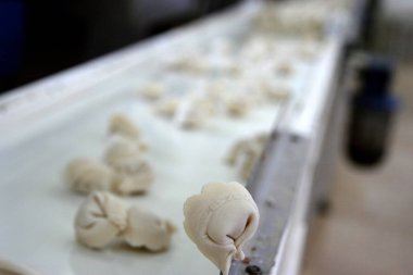 Odessa, Ukrayna - 7 Temmuz 2007: Fabrika gıda doğal malzemelerle üretim için. Kolaylık yiyecek. Köfte, üretimini krep. Dolum hazırlanması. Hareket bulanıklığı.