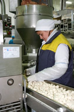 Odessa, Ukrayna - 7 Temmuz 2007: Fabrika gıda doğal malzemelerle üretim için. Kolaylık yiyecek. Köfte, üretimini krep. Dolum hazırlanması. Hareket bulanıklığı.
