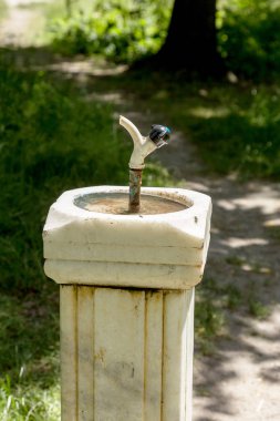 Şehir içme suyu Şehir Parkı eski bir mermer sütun çeşme. insanlar içmek için şehir kase. Dokunun, Çeşme parkta insanlar tarafından su içmek için su akımları