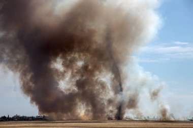 Yaz kuraklığı sırasında güney bozkırlarında büyük boğucu duman bulutlarıyla güçlü çayır yangını patlak verdi. Kasabadaki evlere ateş hattı açılıyor. Ekolojik felaket