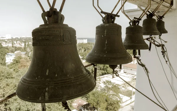 Church Bronze Bell Ukrainian Orthodox Church Moscow Patriarch Inscription Bell — Stock Photo, Image