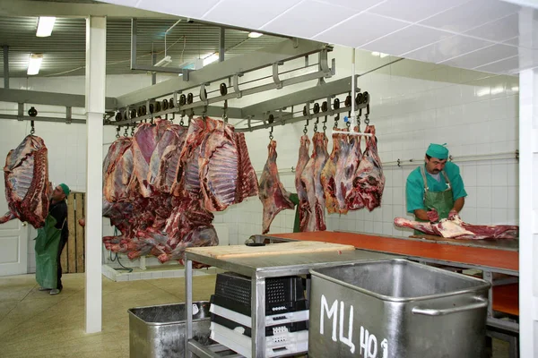 乌克兰敖德萨 2007年7月7日 生产天然配料食品的工厂 食物方便食品 煎饼的生产 屠宰牛肉 运动模糊 — 图库照片