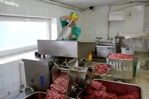 Odessa, Ukraine - July 7, 2007: The factory for the production of food from natural Ingredients. Food Convenience food. Production of dumplings, pancakes. Butcher shop. Butchering beef.