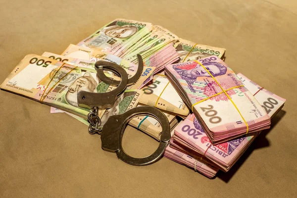 Many Ukrainian Money Hryvnia Handcuffs Money Corruption Ukraine Fight Corruption — Stock Photo, Image