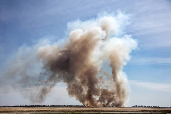 Strong prairie fire with large clouds of choking smoke erupted in southern steppe during the summer drought. The line of fire is coming to town houses. Ecological catastrophy