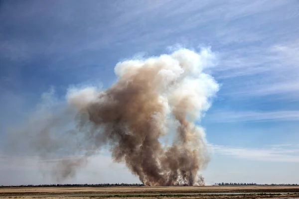 Strong prairie fire with large clouds of choking smoke erupted in southern steppe during the summer drought. The line of fire is coming to town houses. Ecological catastrophy