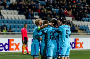Odessa, Ukrayna - 3 Kasım 2016: Uefa Avrupa Ligi. FC Zarya (Lugansk) Feyenoord (Rotterdam) Hollanda kabul eder. Oyuncular Feyenoord bir tek gol keyif aldım. 1: 1