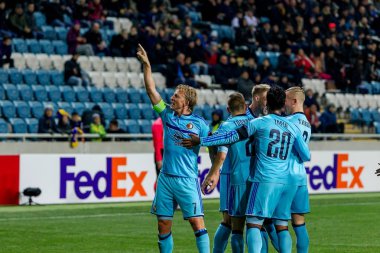 Odessa, Ukrayna - 3 Kasım 2016: Uefa Avrupa Ligi. FC Zarya (Lugansk) Feyenoord (Rotterdam) Hollanda kabul eder. Oyuncular Feyenoord bir tek gol keyif aldım. 1: 1