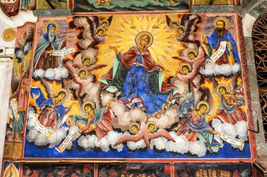 Rila, Bulgaristan - 30 Temmuz 2016: Dini sanat, Rila Manastırı Kilisesi boyama duvar resmi. Rila Manastırı en eski ve en büyük Bulgaristan ve Unesco Dünya mirası olduğunu.