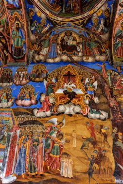 Rila, Bulgaristan - 30 Temmuz 2016: Dini sanat, Rila Manastırı Kilisesi boyama duvar resmi. Rila Manastırı en eski ve en büyük Bulgaristan ve Unesco Dünya mirası olduğunu.