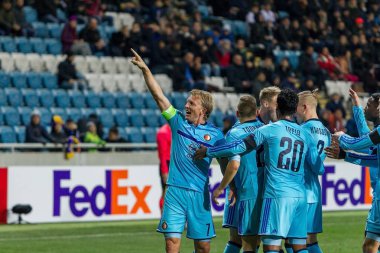 Odessa, Ukrayna - 3 Kasım 2016: Uefa Avrupa Ligi. FC Zarya (Lugansk) Feyenoord (Rotterdam) Hollanda kabul eder. Oyuncular Feyenoord bir tek gol keyif aldım. 1: 1