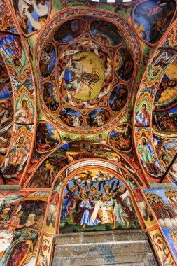 Rila, Bulgaristan - 30 Temmuz 2016: Dini sanat, Rila Manastırı Kilisesi boyama duvar resmi. Rila Manastırı en eski ve en büyük Bulgaristan ve Unesco Dünya mirası olduğunu.
