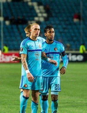 Odessa, Ukrayna - 3 Kasım 2016: Uefa Avrupa Ligi. FC Zarya (Lugansk) Feyenoord (Rotterdam) Hollanda kabul eder. Yoğun duygusal futbol maçı maçın anahtar parçaları. 1:1