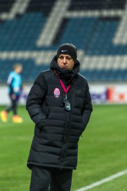 Odessa, Ukrayna - 3 Kasım 2016: Uefa Avrupa Ligi. FC Zarya (Lugansk) Feyenoord (Rotterdam) Hollanda kabul eder. Basın toplantısı kafa Fc Zarya Yuri Vernidub