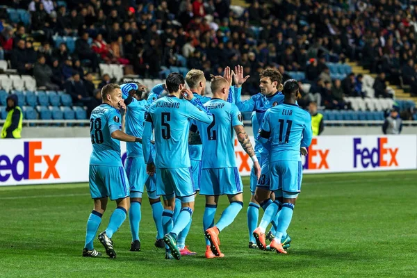 Odessa, Ukrayna - 3 Kasım 2016: Uefa Avrupa Ligi. FC Zarya (Lugansk) Feyenoord (Rotterdam) Hollanda kabul eder. Oyuncular Feyenoord bir tek gol keyif aldım. 1: 1