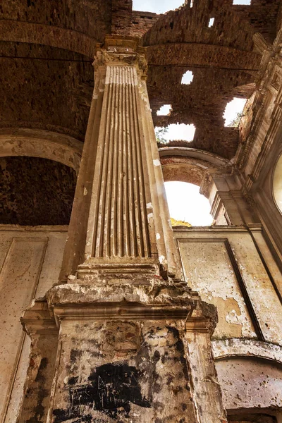 Ruins of ancient Lutheran church in Odessa, Ukraine. Historic building in 1803 built first German settlers destroyed by vandals of proletariat during revolution in Russia in 20th century. Remains of magnificent temple