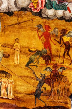 Rila, Bulgaristan - 30 Temmuz 2016: Dini sanat, Rila Manastırı Kilisesi boyama duvar resmi. Rila Manastırı en eski ve en büyük Bulgaristan ve Unesco Dünya mirası olduğunu.