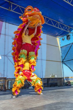 Odessa, Ukrayna -10 Eylül 2016: şehir gün festival Dragon Dance. Japon samuray Club genç çocuklar onların sanat göster