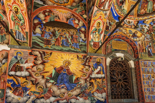 Rila Park, Bulgaria - July 30, 2016: Rila Monastery Christian acts of Saint Ivan, one of the most important Bulgarian medieval Christian monuments in the Balkans, UNESCO World Heritage