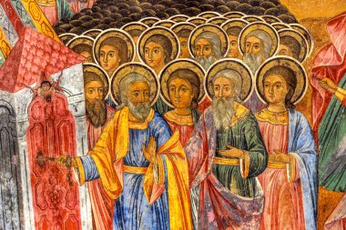 Rila, Bulgaristan - 30 Temmuz 2016: Dini sanat, Rila Manastırı Kilisesi boyama duvar resmi. Rila Manastırı en eski ve en büyük Bulgaristan ve Unesco Dünya mirası olduğunu.