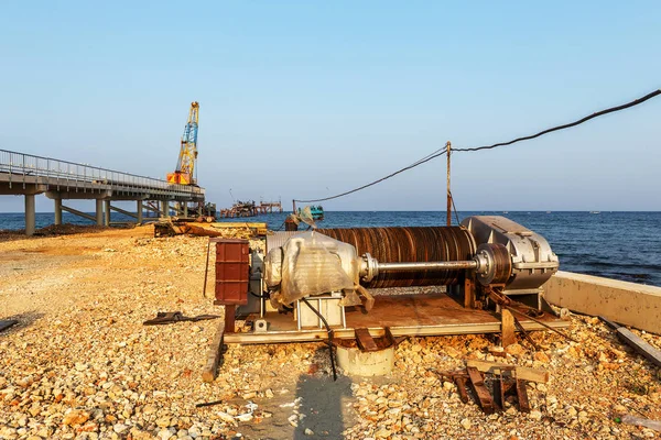 Construction of traffic artery of the bridge with a railway line on a sea berth for unloading transprtnyh ships. Marine Construction in port, Tyulenovo, Bulgaria; 2016