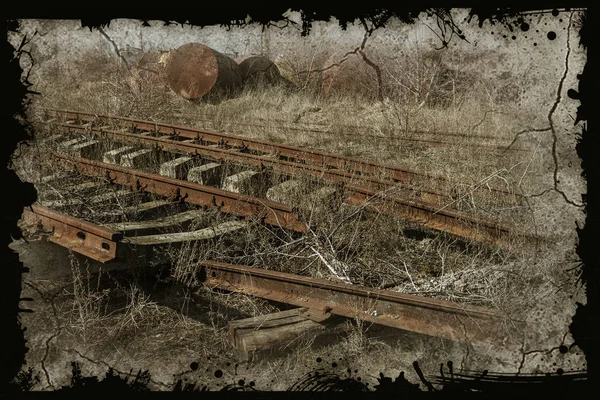 Alte Stillgelegte Eisenbahn Kaputte Schienen Kaputte Holzschwellen Gebrochene Überreste Der — Stockfoto