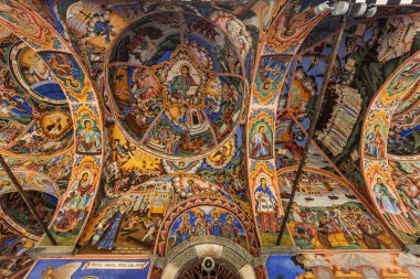 RILA, BULGARIA - July 30, 2016: Religious art, mural painting Rila monastery church. Rila Monastery is the oldest and largest in Bulgaria, and a UNESCO World Heritage Site. clipart