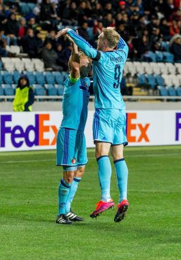 Odessa, Ukrayna - 3 Kasım 2016: Uefa Avrupa Ligi. FC Zarya (Lugansk) Feyenoord (Rotterdam) Hollanda kabul eder. Oyuncular Feyenoord bir tek gol keyif aldım. 1: 1