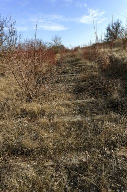 Demiryolu, kırık raylar, kırık tahta uyuyanlar terk edilmiş. Demiryolu kırık kalıntıları. Yağmaladılar eski demiryolu. Yol alabileceği bir yol vardır. Enkaz, kalıntıları, eski tuval unsurları. Seçici odak