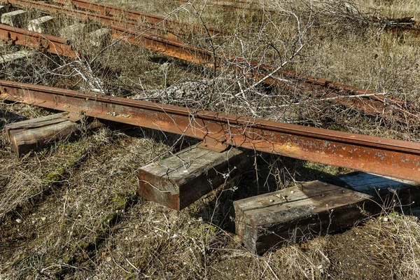 放棄された鉄道 壊れたレール 壊れた木製の枕木 鉄道の壊れたままにします 略奪の古い鉄道 道はないです 古いキャンバスの要素 選択と集中 — ストック写真