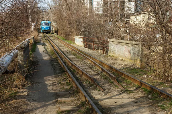 Stary Tramwaj Kolejowy Pozostałości Taśmy Skrajni Wąskiej Drogi Miejsce Dla — Zdjęcie stockowe