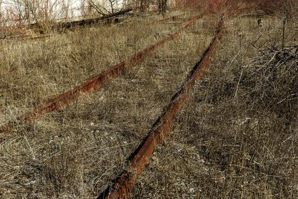 Vieux Chemin Fer Abandonné Rails Cassés Traverses Bois Cassées Restes — Photo