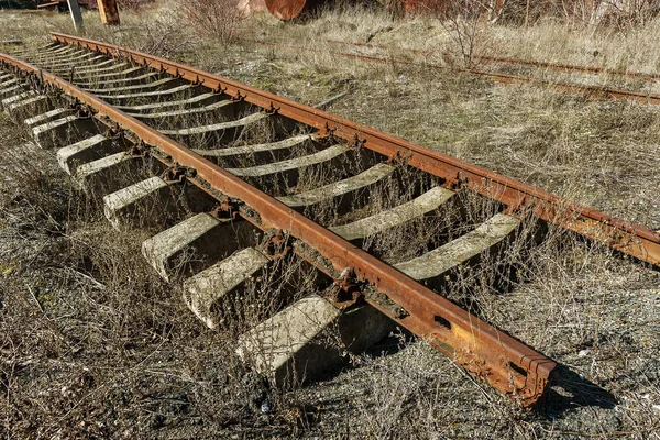 Régi Vasúti Törött Sín Törött Fából Készült Talpfa Elhagyott Vasúti — Stock Fotó