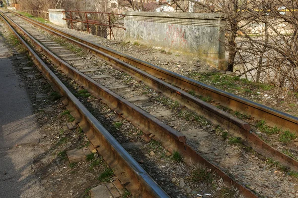 Vieja Vía Férrea Los Restos Franja Carretera Vía Estrecha Lugar —  Fotos de Stock