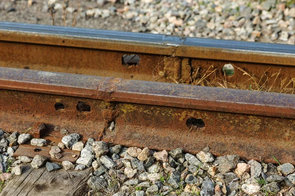 Stary Tramwaj Kolejowy Pozostałości Taśmy Skrajni Wąskiej Drogi Miejsce Dla — Zdjęcie stockowe