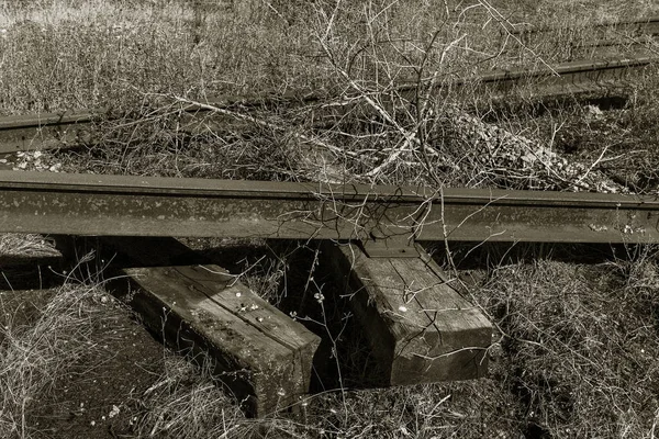 Velha Ferrovia Abandonada Trilhos Quebrados Dormentes Madeira Quebrados Restos Caminho — Fotografia de Stock