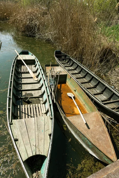 Viejo Barco Remo Azul Madera Hermoso Día Soleado Primavera Canal — Foto de Stock