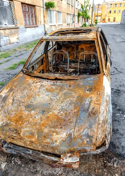 Blown Car Civil Strife Thrown Roadside Result Terrorist Act Burnt — Stock Photo, Image