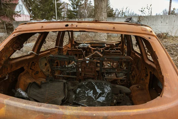 Coche Quemado Prender Fuego Los Coches Estacionamiento Guerras Bandidos Destrucción —  Fotos de Stock