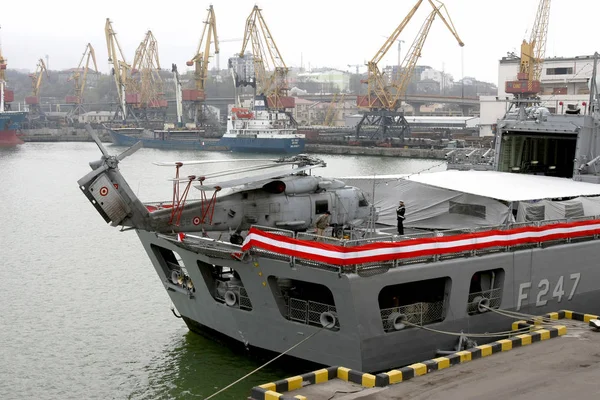 ODESSA, UKRAINE -12 April : F247 naval ship docked in the port of Odessa , Ukraine, April 12, 2008 . Friendly visit to Ukraine