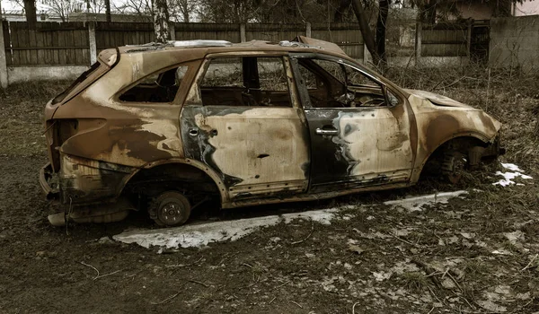 Spalony Samochód Podpalili Samochody Parkingu Bandyta Wojny Zniszczenia Maszyny Ognia — Zdjęcie stockowe