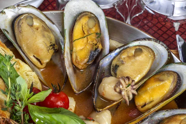 Voedsel Heerlijke Gebraad Met Schaal Schelpdieren Mosselen Garnalen Octopus Inktvis — Stockfoto