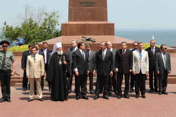 Odessa, Ukraine - April 6, 2011: Foreign Minister Russia Sergey Lavrov, official visit. Laying flowers at Eternal Flame, press conference. Minister Foreign Affairs of Ukraine Konstantin Gryshchenko