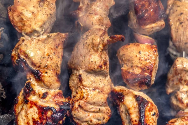 Világos Friss Kész Kebab Nyársat Grill Készített Parazsat Barbecue Felhők — Stock Fotó